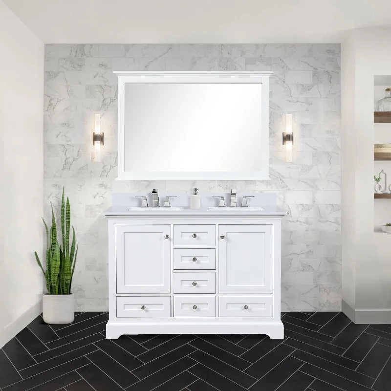 Dukes 48 in. W x 22 in. D White Double Bath Vanity, Cultured Marble Top, Faucet Set, 46 in. Mirror