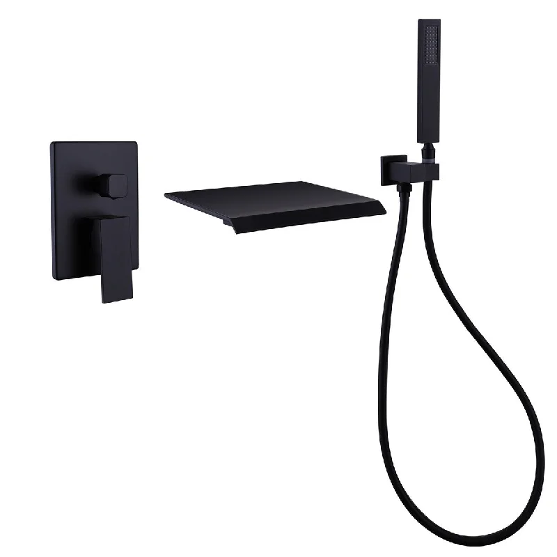 Pressure-Balance Waterfall Single Handle Wall Mount Tub Faucet with Hand Shower, Matte Black