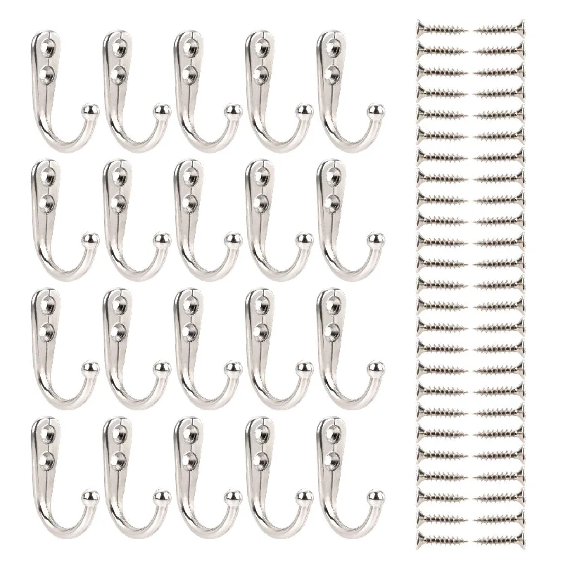 20 Pieces Wall Mounted Hook Robe Hooks Single Coat Hanger And 50 Pieces Screws (