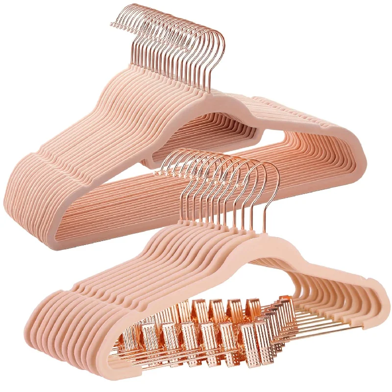 50 Velvet Coat Hangers Bundle With 24 Pants Hangers, Rose Gold Hooks, Space-Savi