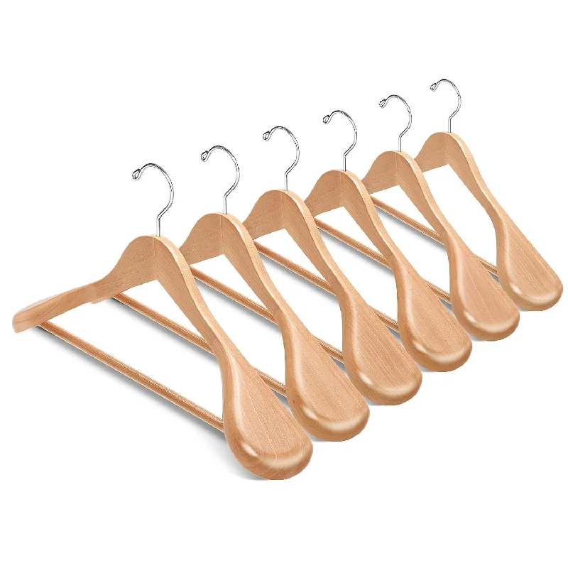 6 Pack Wide Shoulder Wooden Suit Coat Hangers With Non Slip Pants Bar, Solid Woo