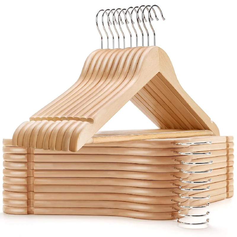 Wooden Coat Hangers 30 Pack, Natural Wood Suit Hangers With Non Slip Pant Bar, C