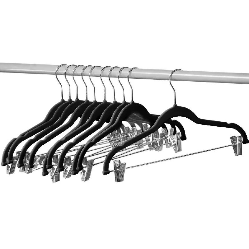 10 Pack Velvet Slim Cloth Hangers, With Metal Clips, Hook Swivel 360, Ultra Thin, Color Black