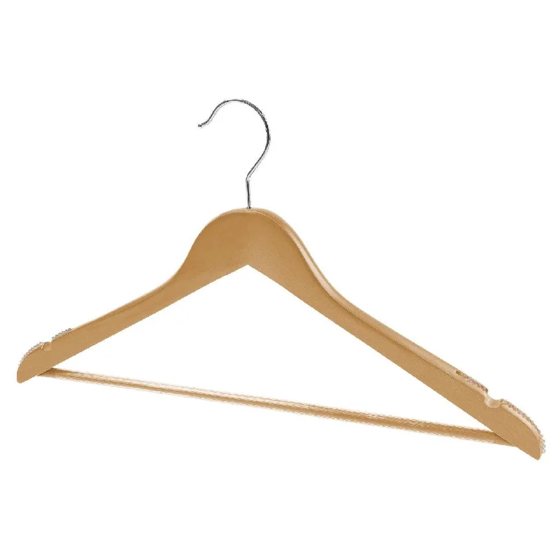 Natural Wood Suit Hanger With Curved Body Soft Rubber installed on Shoulders & Pant Bar - 44.5cm X 14mm Thick (Sold in 10/20/50/100)